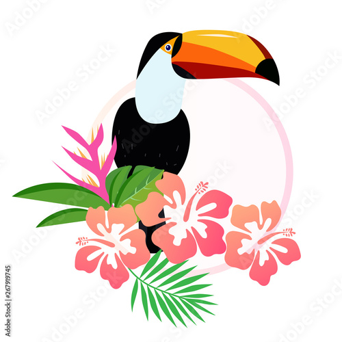 Beautiful toucan with hibiscus flowers vector illustration