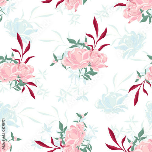 Fototapeta Naklejka Na Ścianę i Meble -  Seamless drawn flower pattern. Wild realistic floral print, hand drawn pattern for printing, seamless pattern with flowers. Seamless clipart for wallpapers, backgrounds. Vector illustration.