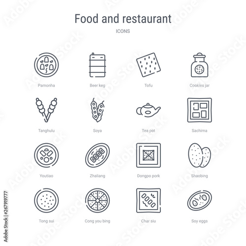 set of 16 food and restaurant concept vector line icons such as soy eggs, char siu, cong you bing, tong sui, shaobing, dongpo pork, zhaliang, youtiao. 64x64 thin stroke icons