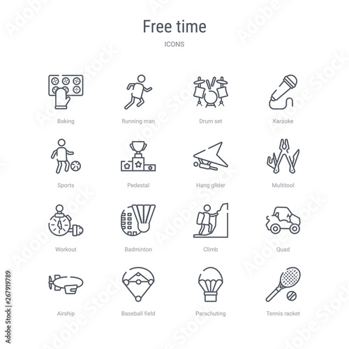 set of 16 free time concept vector line icons such as tennis racket  parachuting  baseball field  airship  quad  climb  badminton  workout. 64x64 thin stroke icons