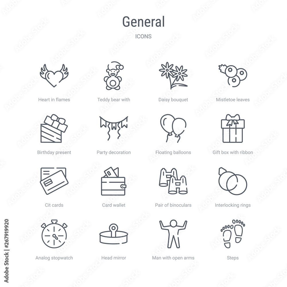 set of 16 general concept vector line icons such as steps, man with open arms, head mirror, analog stopwatch, interlocking rings, pair of binoculars, card wallet, cit cards. 64x64 thin stroke icons