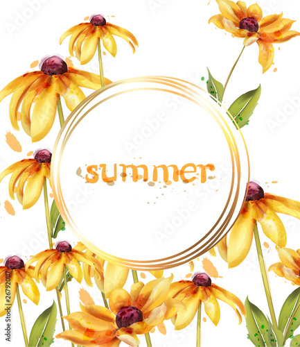Yellow flowers Vector watercolor card. Summer floral decorations