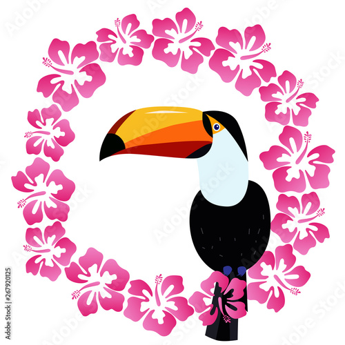 Beautiful toucan with hibiscus flowers vector illustration