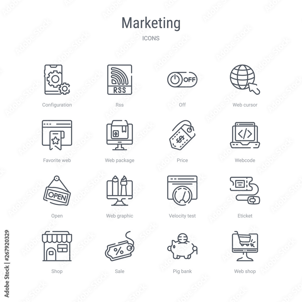 set of 16 marketing concept vector line icons such as web shop, pig bank, sale, shop, eticket, velocity test, web graphic, open. 64x64 thin stroke icons set of 16 marketing concept vector line icons such as web shop, pig bank, sale, shop, eticket, velocity test, web graphic, open. 64x64 thin stroke icons