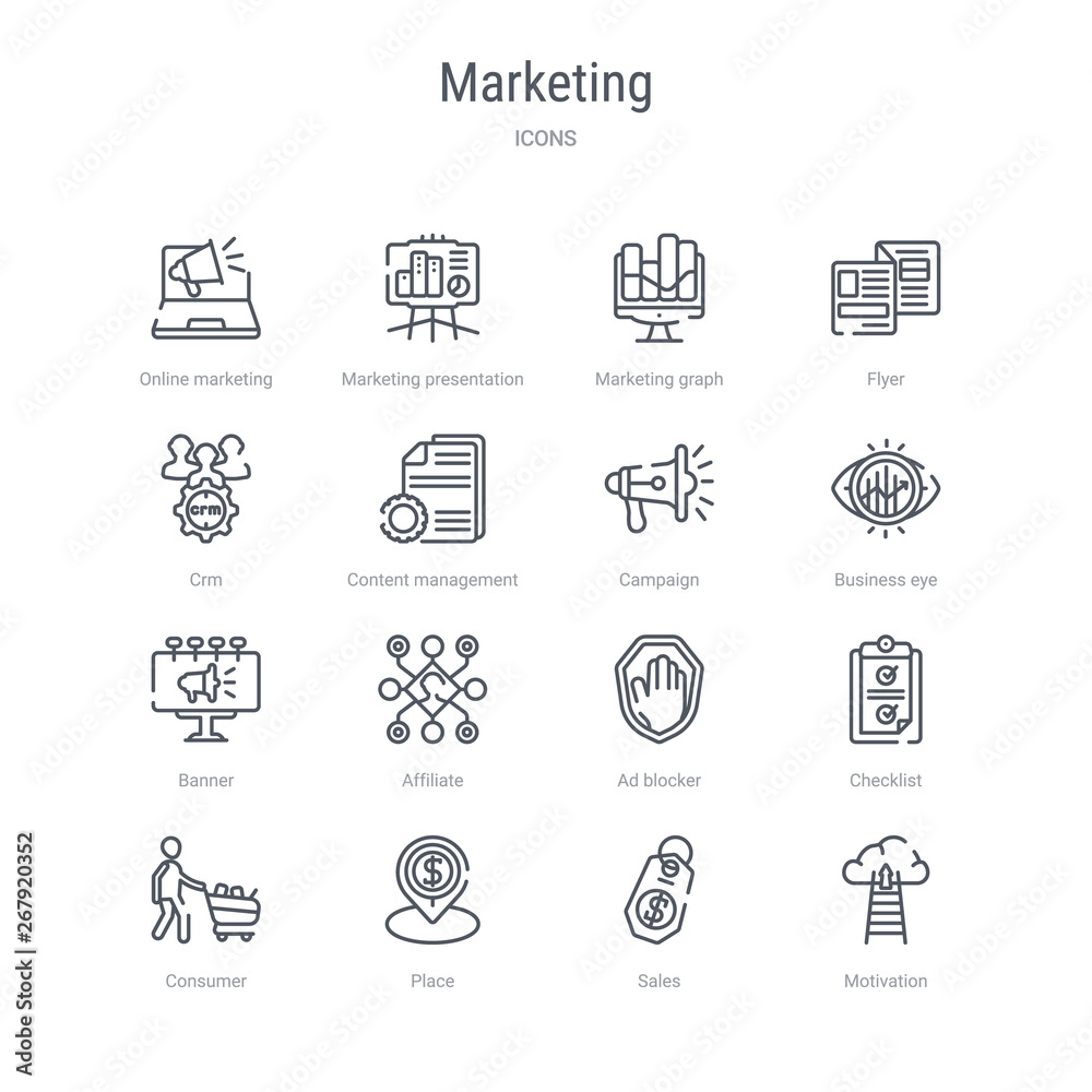 set of 16 marketing concept vector line icons such as motivation, sales, place, consumer, checklist, ad blocker, affiliate, banner. 64x64 thin stroke icons set of 16 marketing concept vector line icons such as motivation, sales, place, consumer, checklist, ad blocker, affiliate, banner. 64x64 thin stroke icons