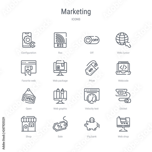 set of 16 marketing concept vector line icons such as web shop, pig bank, sale, shop, eticket, velocity test, web graphic, open. 64x64 thin stroke icons
