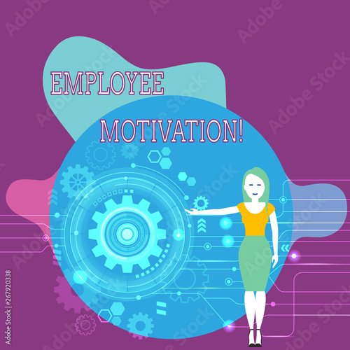 Text sign showing Employee Motivation. Business photo text Energy that a company s is workers bring to their jobs Woman Standing and Presenting the SEO Process with Cog Wheel Gear inside