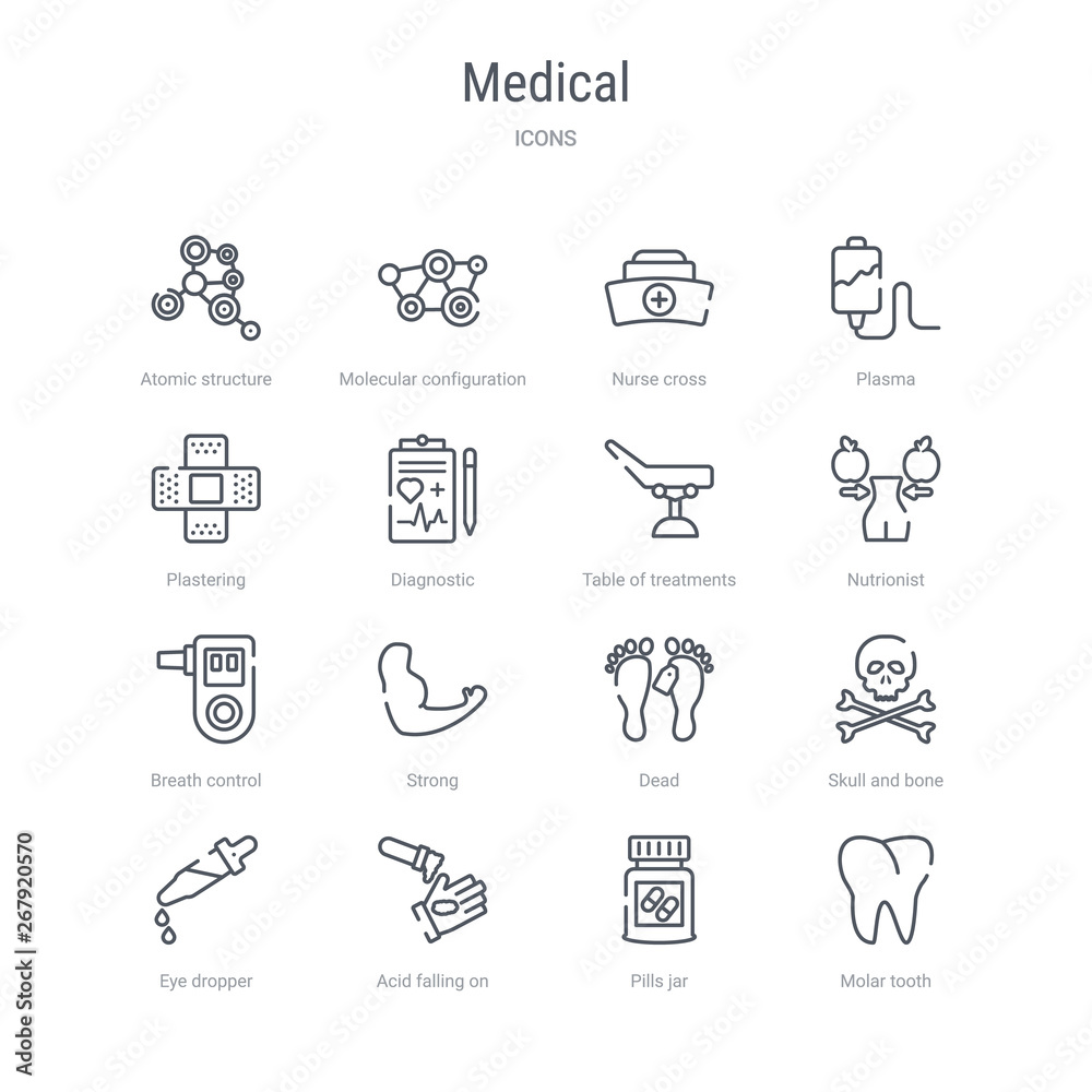 set of 16 medical concept vector line icons such as molar tooth, pills jar, acid falling on hand, eye dropper, skull and bone, dead, strong, breath control. 64x64 thin stroke icons