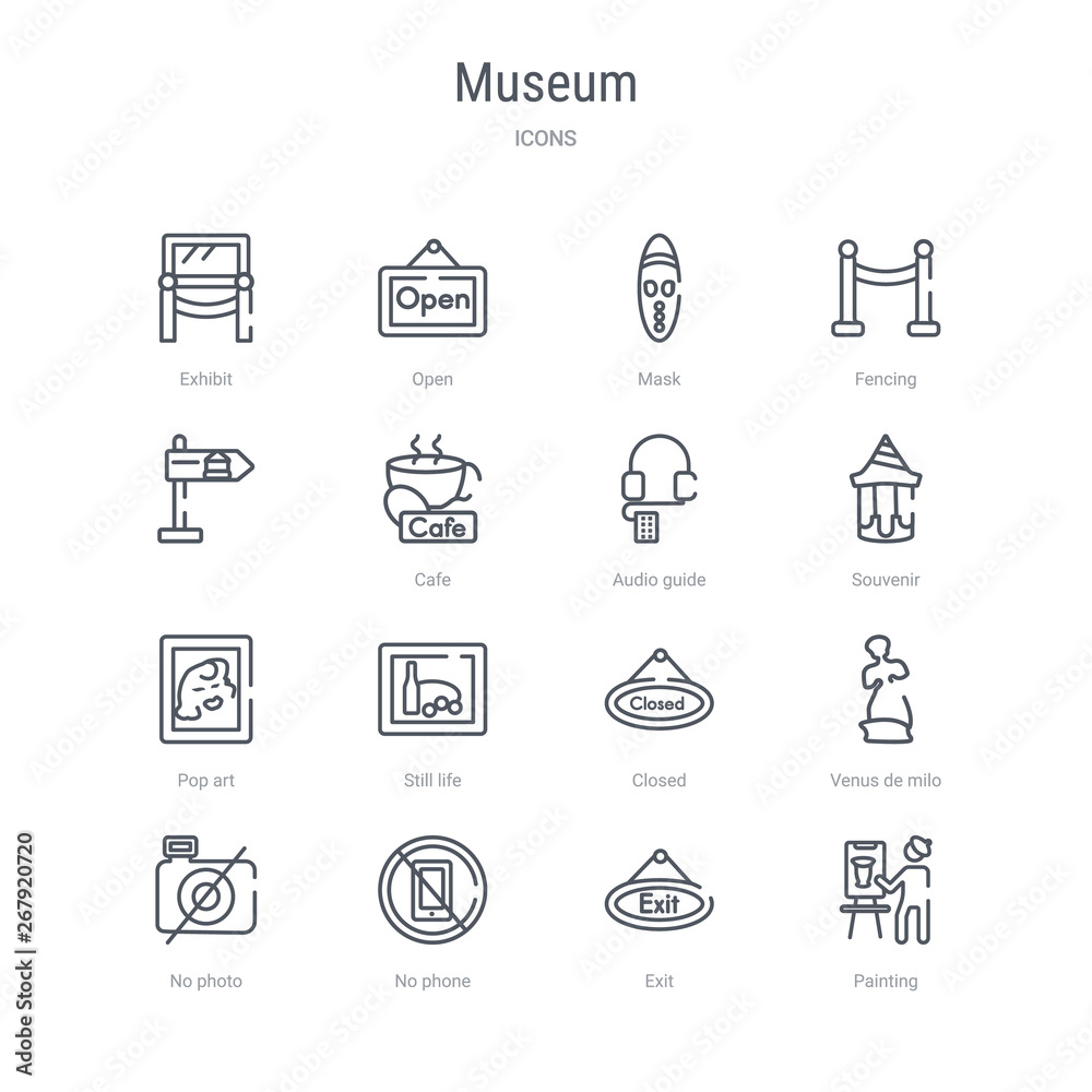 set of 16 museum concept vector line icons such as painting, exit, no phone, no photo, venus de milo, closed, still life, pop art. 64x64 thin stroke icons set of 16 museum concept vector line icons such as painting, exit, no phone, no photo, venus de milo, closed, still life, pop art. 64x64 thin stroke icons