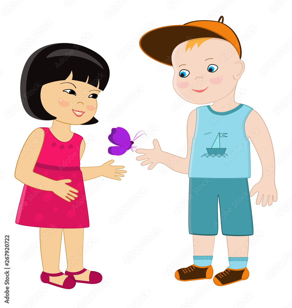 Boy and girl look at the butterfly Boy and girl look at the butterfly