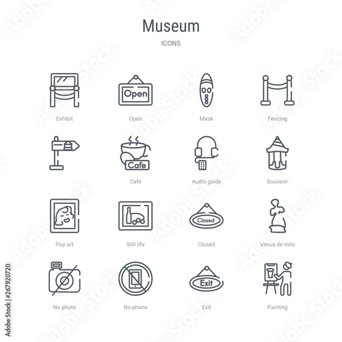 set of 16 museum concept vector line icons such as painting, exit, no phone, no photo, venus de milo, closed, still life, pop art. 64x64 thin stroke icons