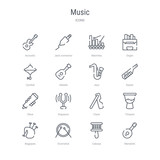 set of 16 music concept vector line icons such as mandolin, cabasa, drumstick, bagpipes, timpani, clave, diapason, oboe. 64x64 thin stroke icons