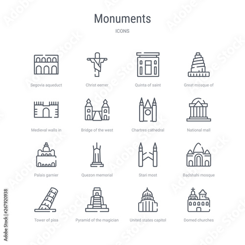 set of 16 monuments concept vector line icons such as domed churches, united states capitol, pyramid of the magician, tower of pisa, badshahi mosque, stari most, quezon memorial circle, palais