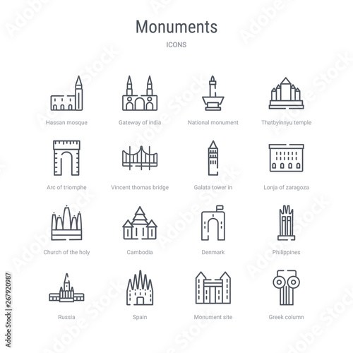 set of 16 monuments concept vector line icons such as greek column, monument site, spain, russia, philippines, denmark, cambodia, church of the holy family. 64x64 thin stroke icons