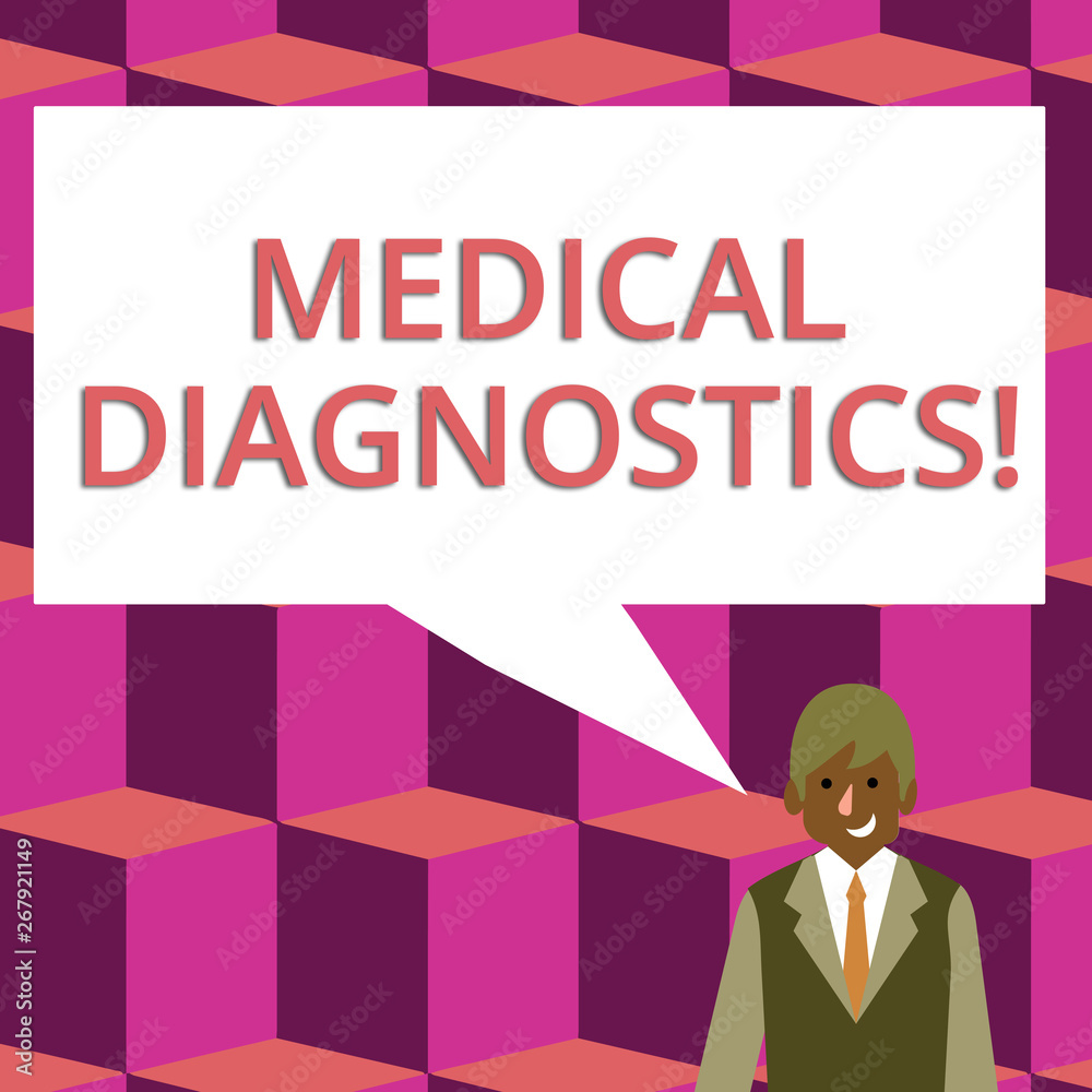 Text sign showing Medical Diagnostics. Business photo text a symptom or characteristic of value in diagnosis Businessman Smiling and Talking with Blank Rectangular Color Speech Bubble Text sign showing Medical Diagnostics. Business photo text a symptom or characteristic of value in diagnosis Businessman Smiling and Talking with Blank Rectangular Color Speech Bubble