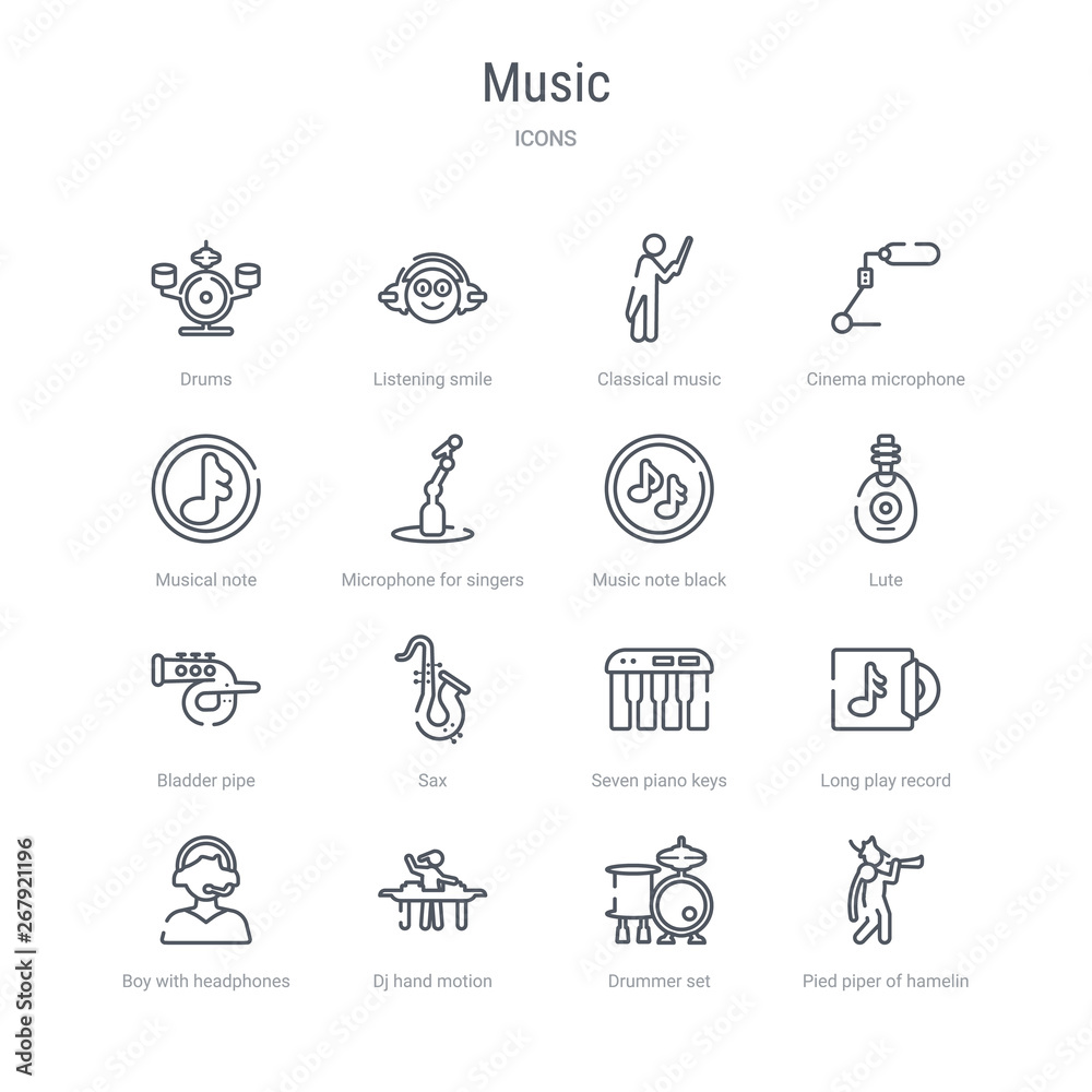 set of 16 music concept vector line icons such as pied piper of hamelin, drummer set, dj hand motion, boy with headphones, long play record cover, seven piano keys, sax, bladder pipe. 64x64 thin