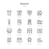 set of 16 museum concept vector line icons such as relics, porcelain, cinema, restroom, modern art, exhibition, sarcophagus, postcards. 64x64 thin stroke icons