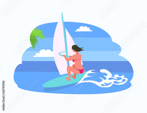 Person on board wearing swimsuit, surforboarder on vocation. Summer fun postcard, sun and windsurfing woman, female surfing, waves vector isolated emblem