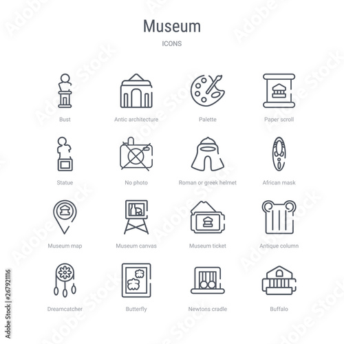 set of 16 museum concept vector line icons such as buffalo, newtons cradle, butterfly, dreamcatcher, antique column, museum ticket, museum canvas, map. 64x64 thin stroke icons