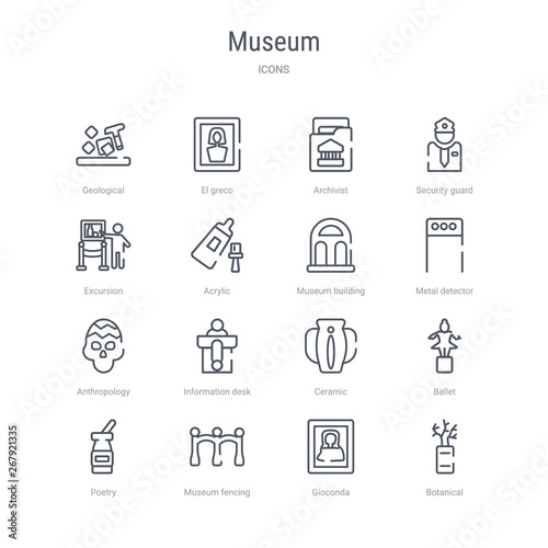 set of 16 museum concept vector line icons such as botanical, gioconda, museum fencing, poetry, ballet, ceramic, information desk, anthropology. 64x64 thin stroke icons
