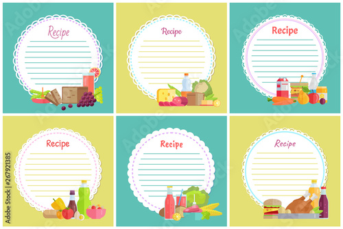 Recipe set of place to write dishes preparation steps vector. Bottle of water, fruits and vegetable, grapes ad lemon, sausage and cheese dairy lettuce