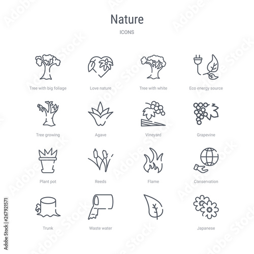 set of 16 nature concept vector line icons such as japanese,  , waste water, trunk, conservation, flame, reeds, plant pot. 64x64 thin stroke icons