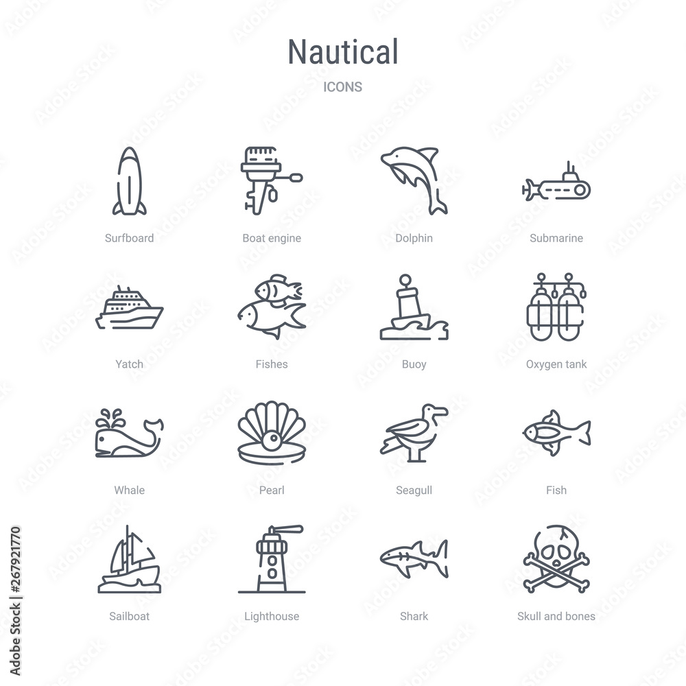 set of 16 nautical concept vector line icons such as skull and bones, shark, lighthouse, sailboat, fish, seagull, pearl, whale. 64x64 thin stroke icons