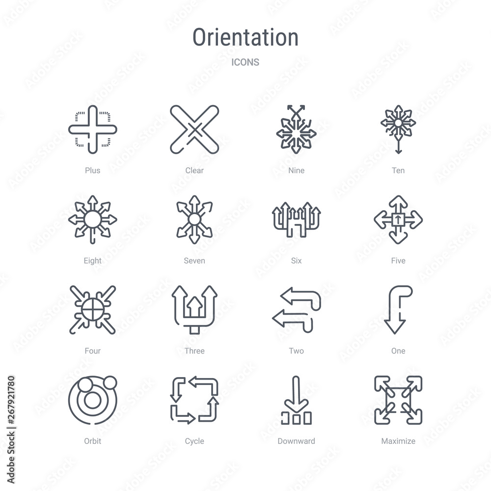set of 16 orientation concept vector line icons such as maximize, downward, cycle, orbit, one, two, three, four. 64x64 thin stroke icons set of 16 orientation concept vector line icons such as maximize, downward, cycle, orbit, one, two, three, four. 64x64 thin stroke icons