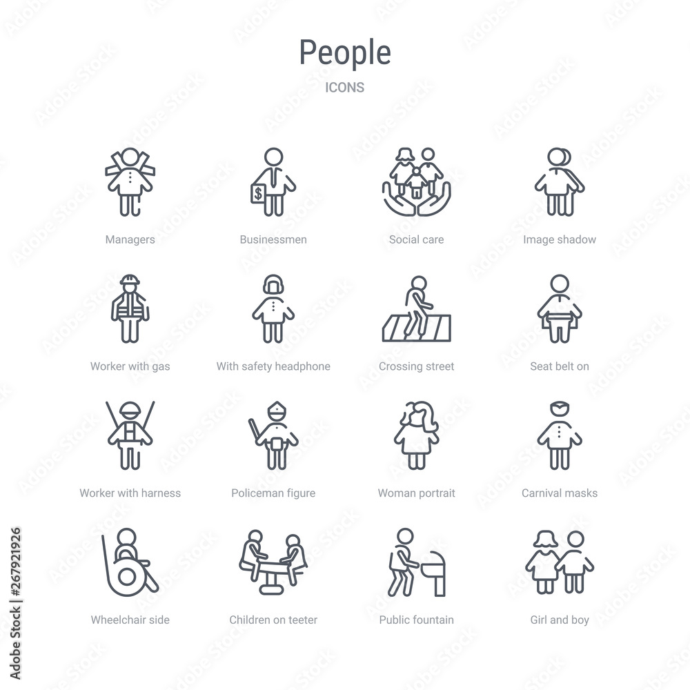 set of 16 people concept vector line icons such as girl and boy, public fountain, children on teeter totter, wheelchair side view, carnival masks, woman portrait, policeman figure, worker with