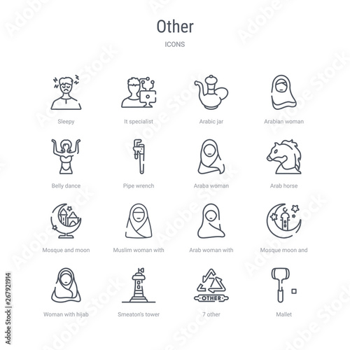 set of 16 other concept vector line icons such as mallet, 7 other, smeaton's tower, woman with hijab, mosque moon and star, arab woman with hijab, muslim woman with hijab, mosque and moon. 64x64