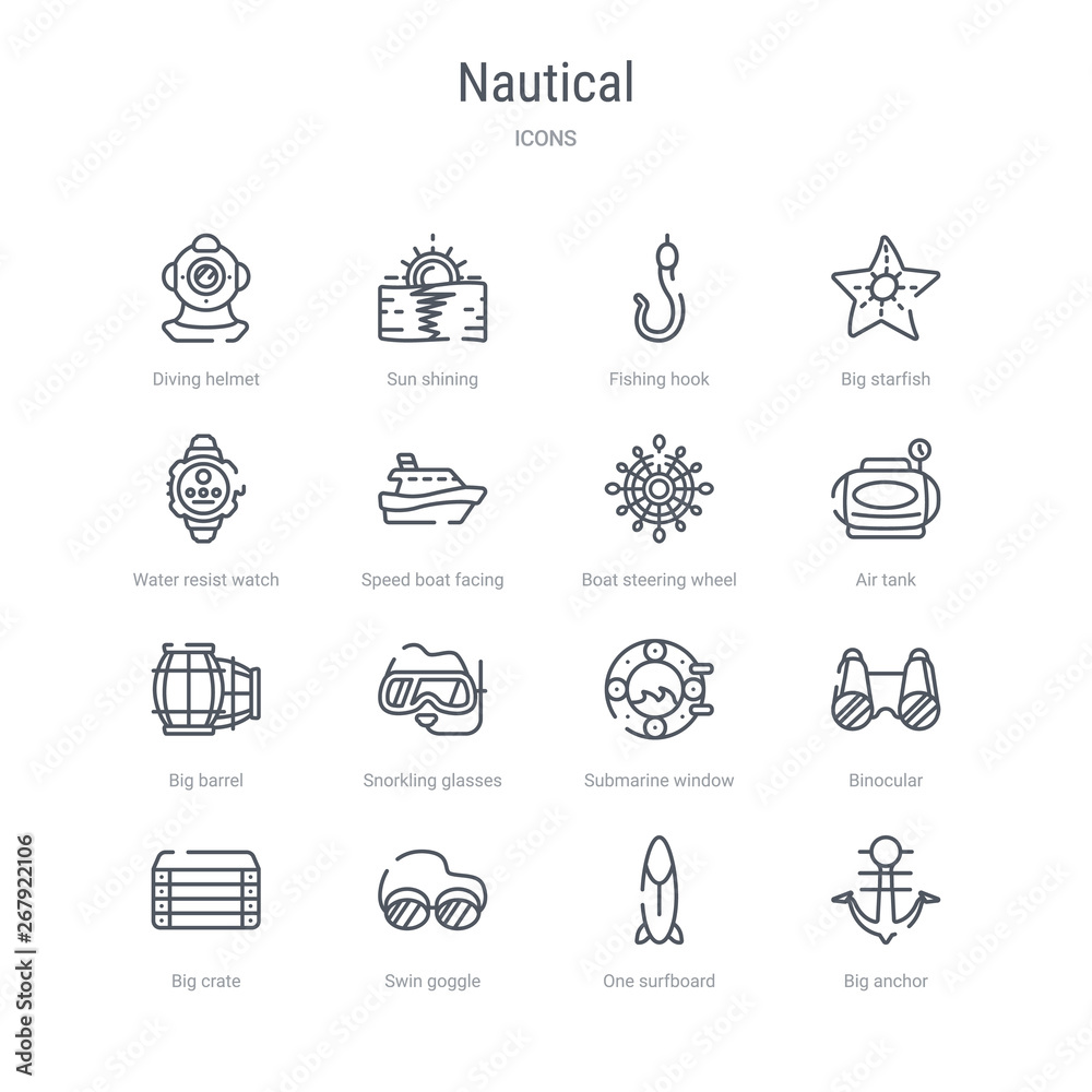 set of 16 nautical concept vector line icons such as big anchor, one surfboard, swin goggle, big crate, binocular, submarine window, snorkling glasses, big barrel. 64x64 thin stroke icons