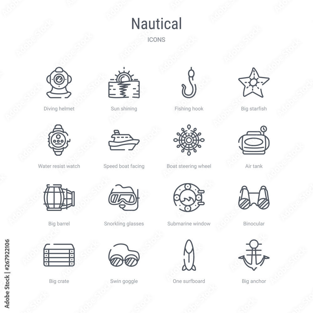 set of 16 nautical concept vector line icons such as big anchor, one surfboard, swin goggle, big crate, binocular, submarine window, snorkling glasses, big barrel. 64x64 thin stroke icons set of 16 nautical concept vector line icons such as big anchor, one surfboard, swin goggle, big crate, binocular, submarine window, snorkling glasses, big barrel. 64x64 thin stroke icons