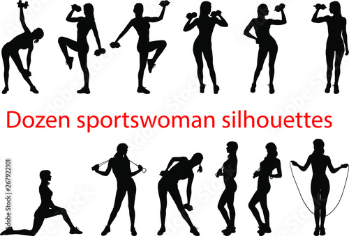 few silhouettes A young girl with a slim figure plays sports with dumbbells and a skipping rope