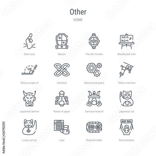 set of 16 other concept vector line icons such as demostration, roulette table, loto, lucky cat toy, japanese cat, samurai head of japan, robot of japan, japanese demon. 64x64 thin stroke icons