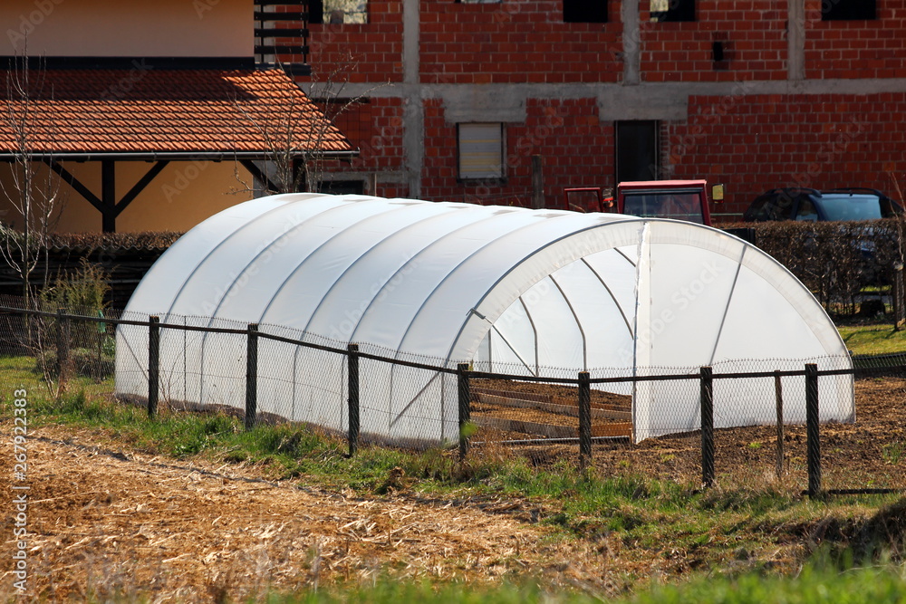 New backyard garden greenhouse made of metal pipes and white opaque nylon placed in local garden behind family house surrounded with dry soil and houses on warm sunny spring day New backyard garden greenhouse made of metal pipes and white opaque nylon placed in local garden behind family house surrounded with dry soil and houses on warm sunny spring day