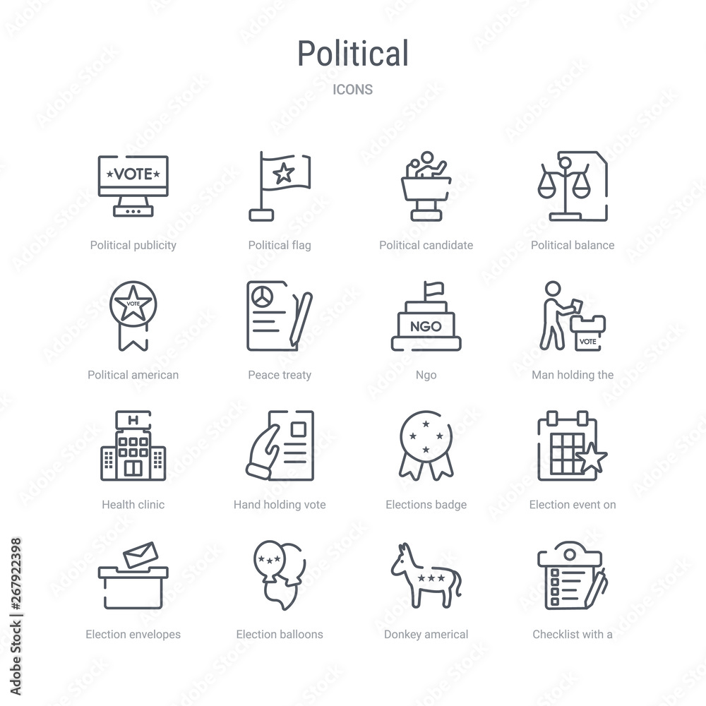 set of 16 political concept vector line icons such as checklist with a pencil, donkey americal political, election balloons couple, election envelopes and box, election event on a calendar with