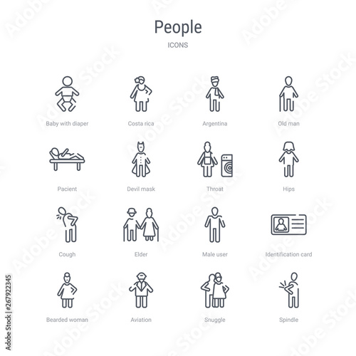 set of 16 people concept vector line icons such as spindle, snuggle, aviation, bearded woman, identification card with picture, male user, elder, cough. 64x64 thin stroke icons