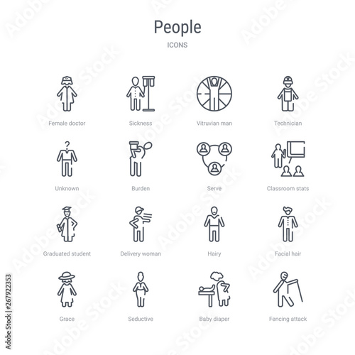 set of 16 people concept vector line icons such as fencing attack, baby diaper, seductive, grace, facial hair, hairy, delivery woman, graduated student. 64x64 thin stroke icons