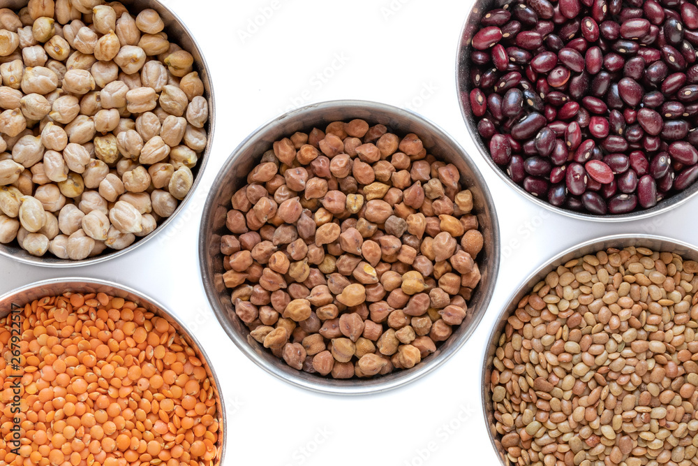 Chickpea, Red Lentil, Split Chickpea, Black gram, Black lentil, Garbanzo Beans, Horse Gram, Gahat Dal in steel bowel isolated on white background. Chickpea, Red Lentil, Split Chickpea, Black gram, Black lentil, Garbanzo Beans, Horse Gram, Gahat Dal in steel bowel isolated on white background.