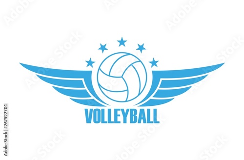 Illustration on a sports theme in blue color. Volleyball ball wings stars and text. Sport club logo