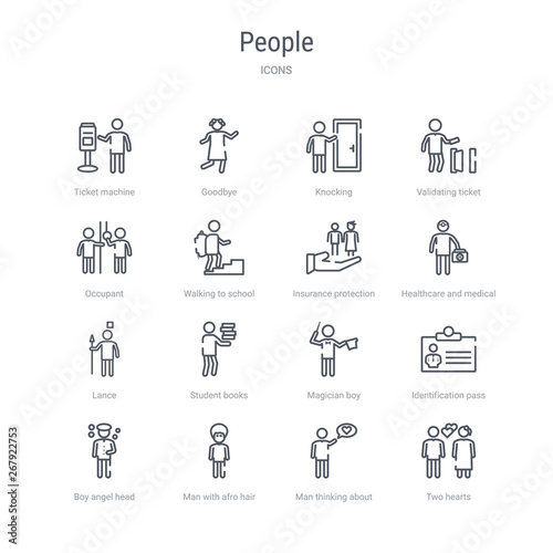 set of 16 people concept vector line icons such as two hearts, man thinking about love, man with afro hair style, boy angel head, identification pass, magician boy, student books, lance. 64x64 thin