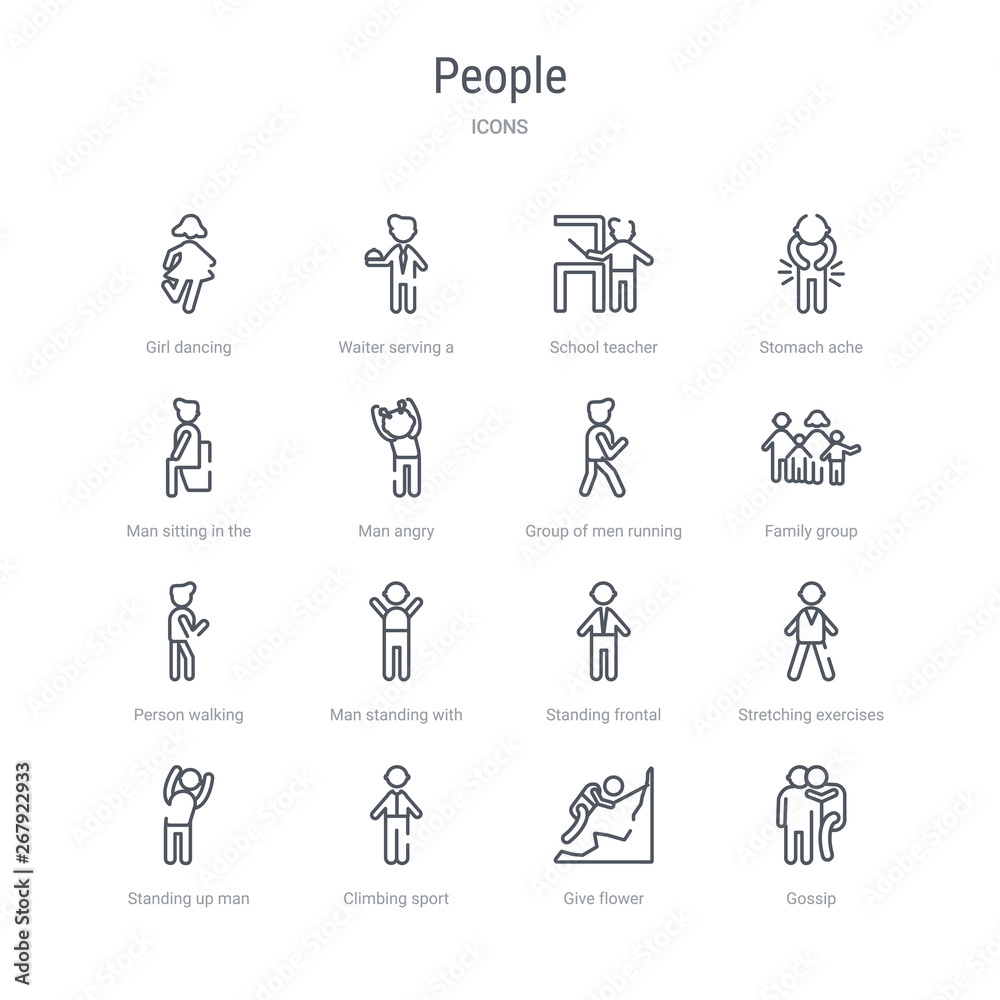 set of 16 people concept vector line icons such as gossip, give flower, climbing sport, standing up man, stretching exercises, standing frontal man, man standing with arms up, person walking. 64x64 set of 16 people concept vector line icons such as gossip, give flower, climbing sport, standing up man, stretching exercises, standing frontal man, man standing with arms up, person walking. 64x64