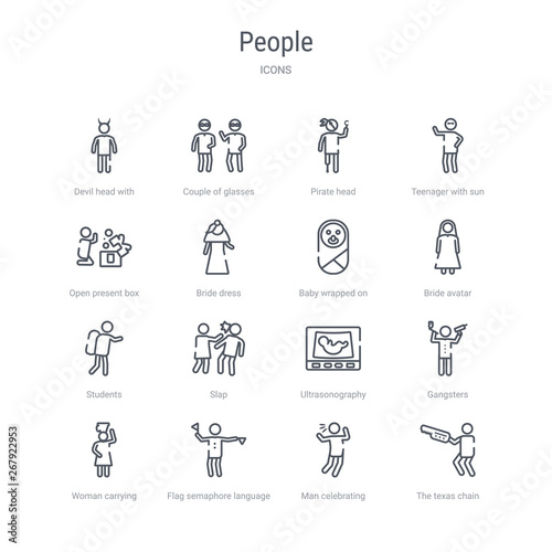 set of 16 people concept vector line icons such as the texas chain saw massacre  man celebrating  flag semaphore language  woman carrying  gangsters  ultrasonography  slap  students. 64x64 thin