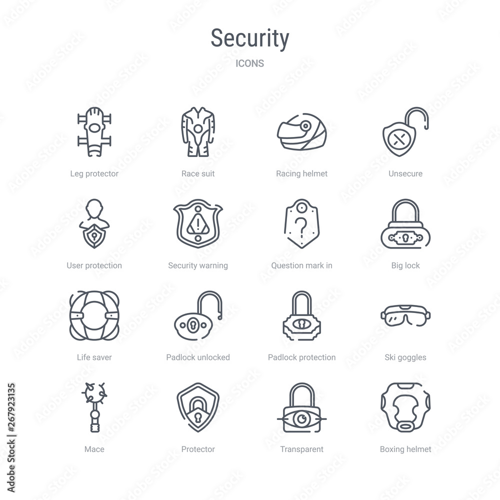 set of 16 security concept vector line icons such as boxing helmet, transparent, protector, mace, ski goggles, padlock protection active, padlock unlocked, life saver. 64x64 thin stroke icons