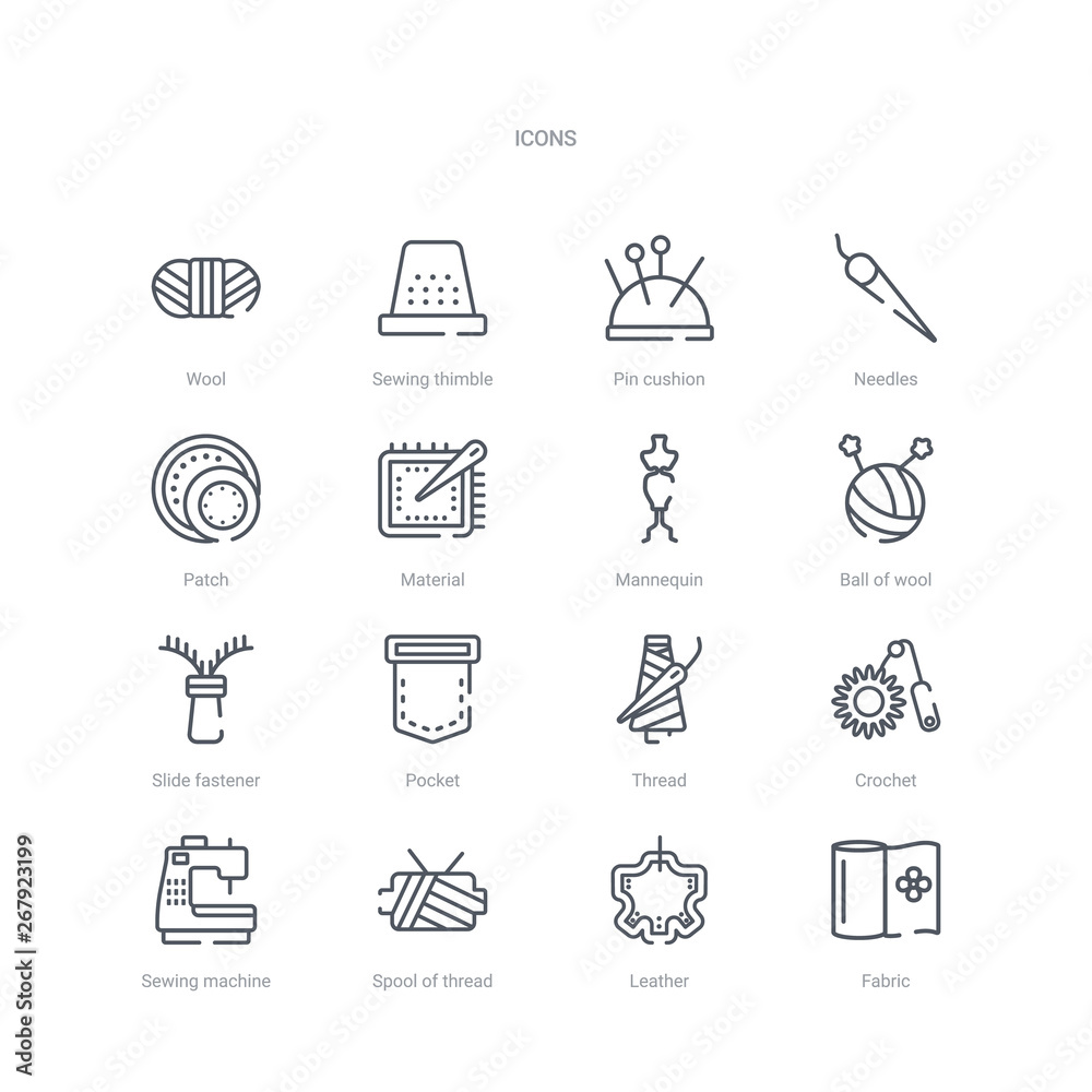set of 16 sew concept vector line icons such as fabric, leather, spool of thread, sewing machine, crochet, thread, pocket, slide fastener. 64x64 thin stroke icons set of 16 sew concept vector line icons such as fabric, leather, spool of thread, sewing machine, crochet, thread, pocket, slide fastener. 64x64 thin stroke icons