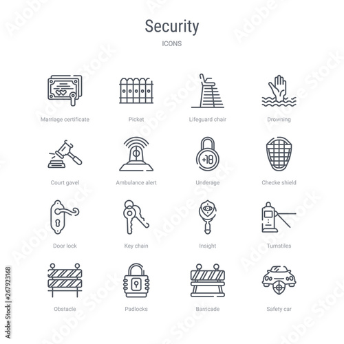set of 16 security concept vector line icons such as safety car, barricade, padlocks, obstacle, turnstiles, insight, key chain, door lock. 64x64 thin stroke icons