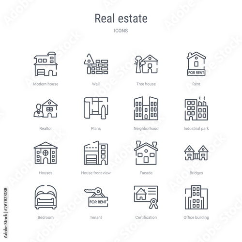 set of 16 real estate concept vector line icons such as office building, certification, tenant, bedroom, bridges, facade, house front view, houses. 64x64 thin stroke icons
