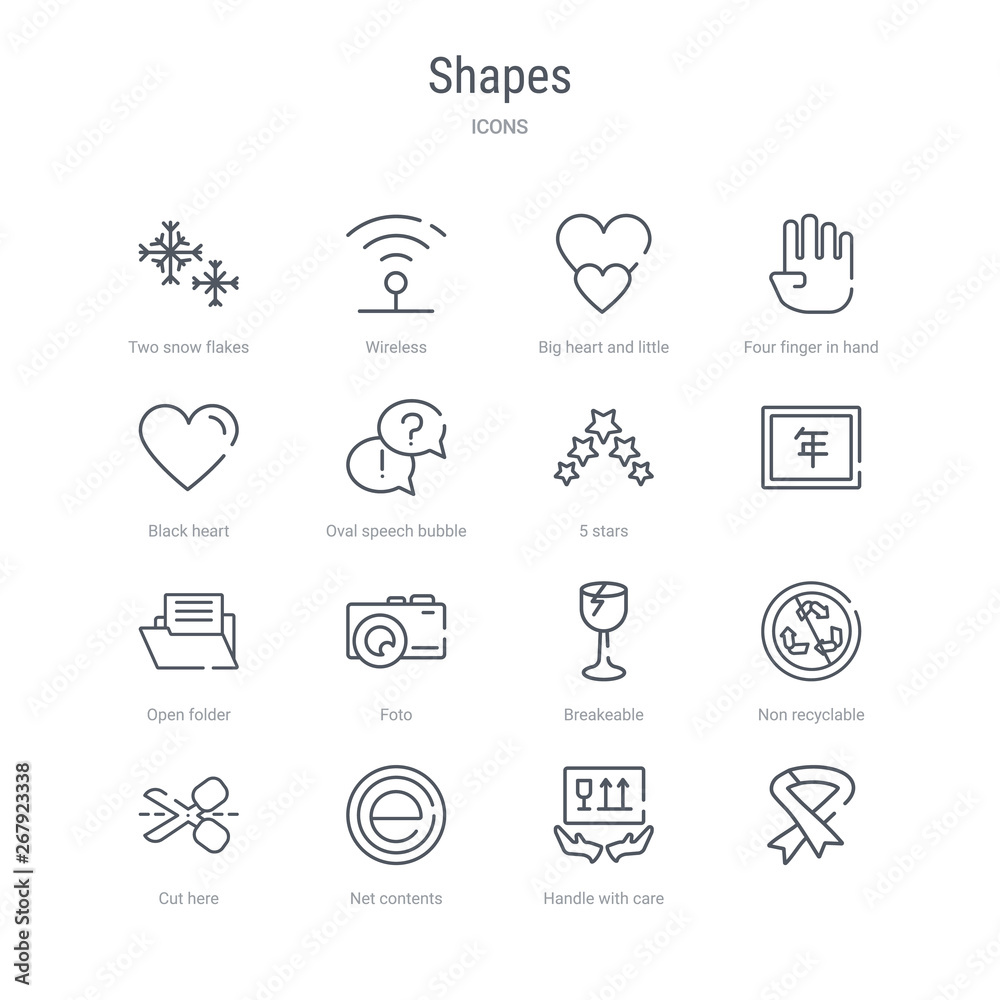 set of 16 shapes concept vector line icons such as , handle with care, net contents, cut here, non recyclable, breakeable, foto, open folder. 64x64 thin stroke icons set of 16 shapes concept vector line icons such as , handle with care, net contents, cut here, non recyclable, breakeable, foto, open folder. 64x64 thin stroke icons