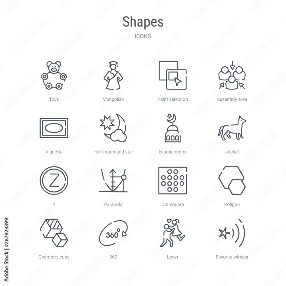 set of 16 shapes concept vector line icons such as favorite wireles conecction, lover, 360, geometry cube, poligon, dot square, parabola, z. 64x64 thin stroke icons