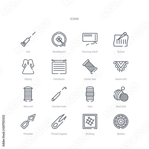 set of 16 sew concept vector line icons such as spokes, stiching, thread nippers, threader, wool ball, yarn, crochet hook, wire coil. 64x64 thin stroke icons